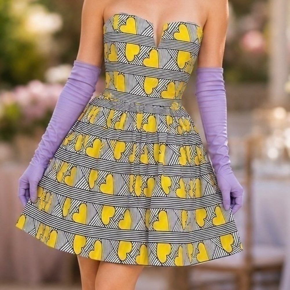 NWT Mini Dress Strapless Heart Print Yellow Black White Retro Mod Whimsical S